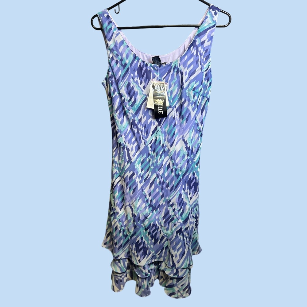 Eva Blue Dress Womens 10 Blue Multi Geometric Ruffle Hem Beaded Sleeveless NEW